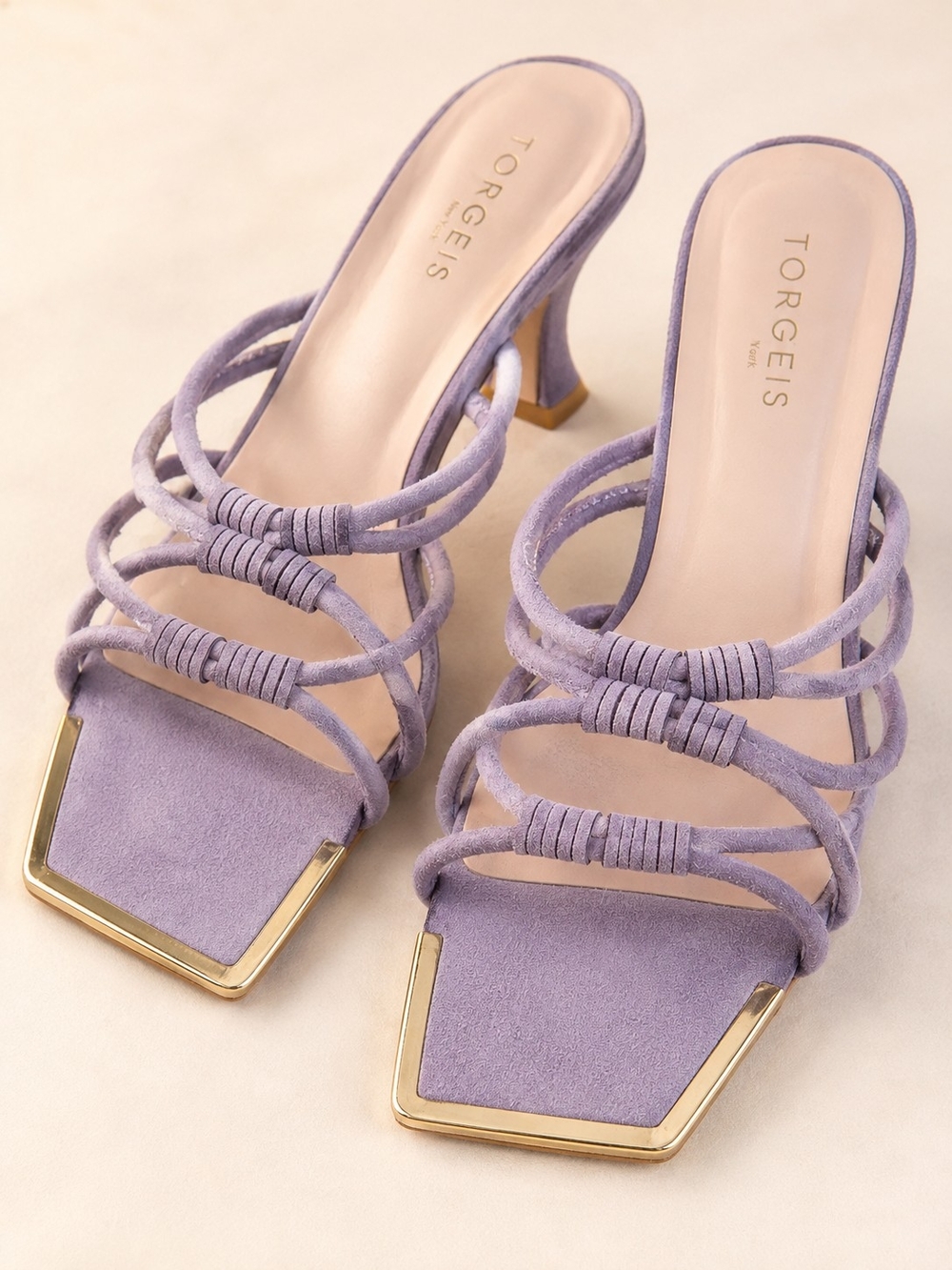 Torgeis New York Lavender Gold Square Toe Strappy Kitten Heel Mules Size 9